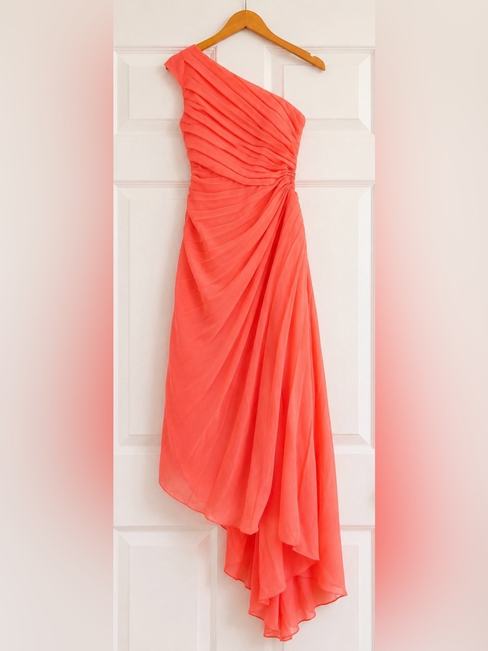 Aakaa Coral One Shoulder Pleated Maxi Dress Small Wedding Guest Formal